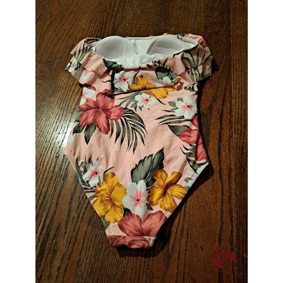 Medium Kona Sol Strapless Ruffle Floral One Piece Padded Swimsuit Bathing Suit - Picture 4 of 5